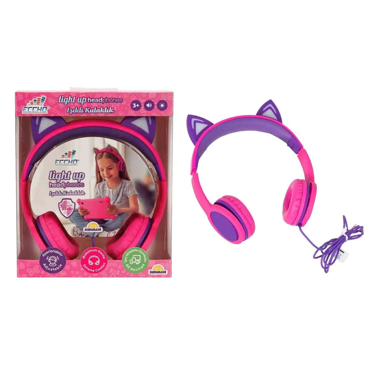Gle-Ech-Kulaklık Kablolu Kedi Şkl.ışıklı Pembe-Mor