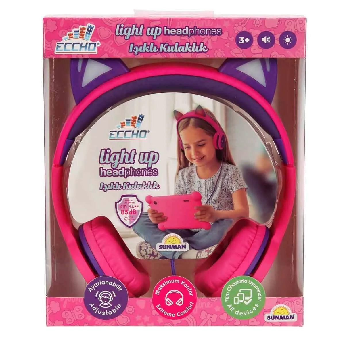 Gle-Ech Kedi Kulaklı Işıklı Kablolu Kulaklık Pembe-Mor — görsel 4