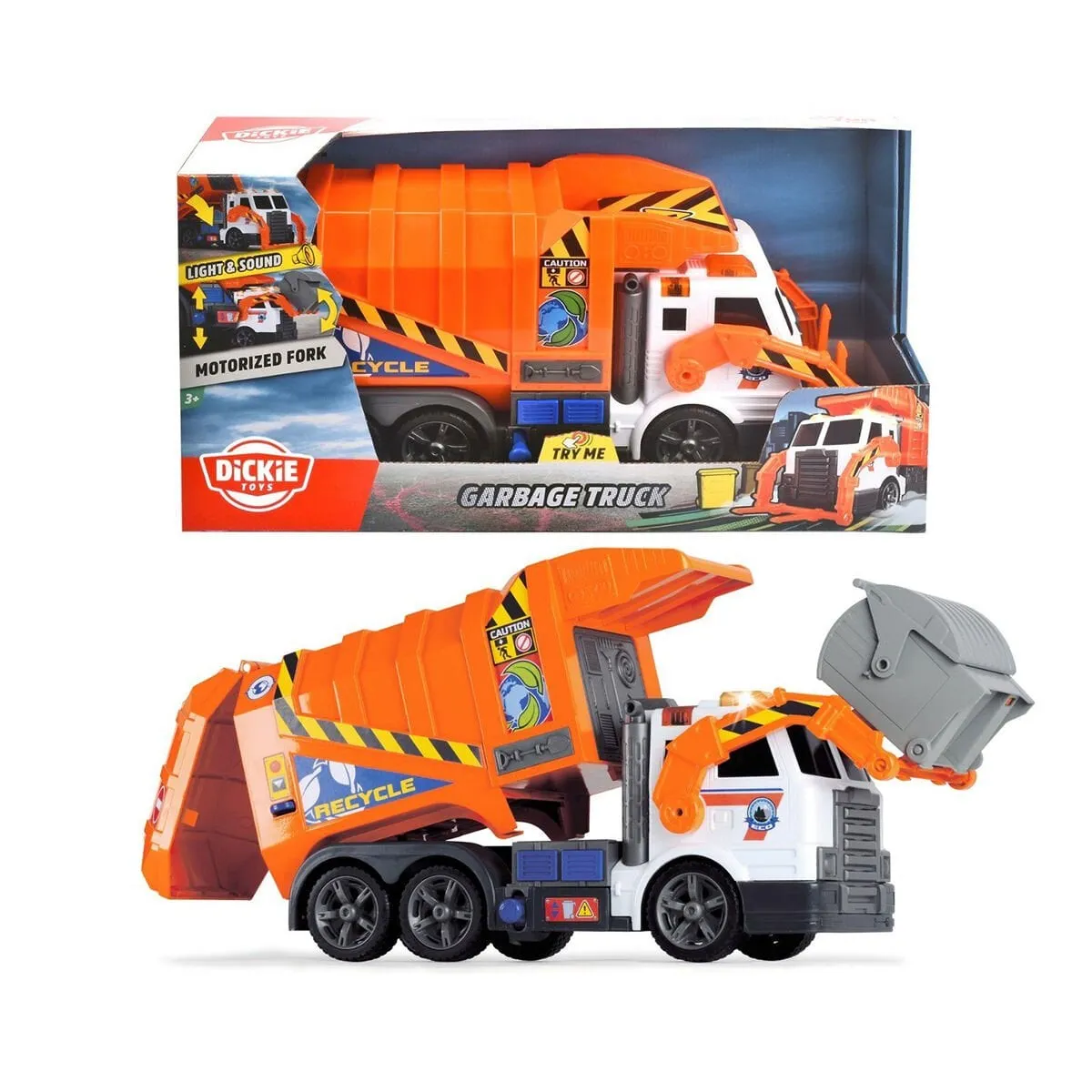 Dickie Garbage Truck free wheel light sound B/O lifting fork wt
