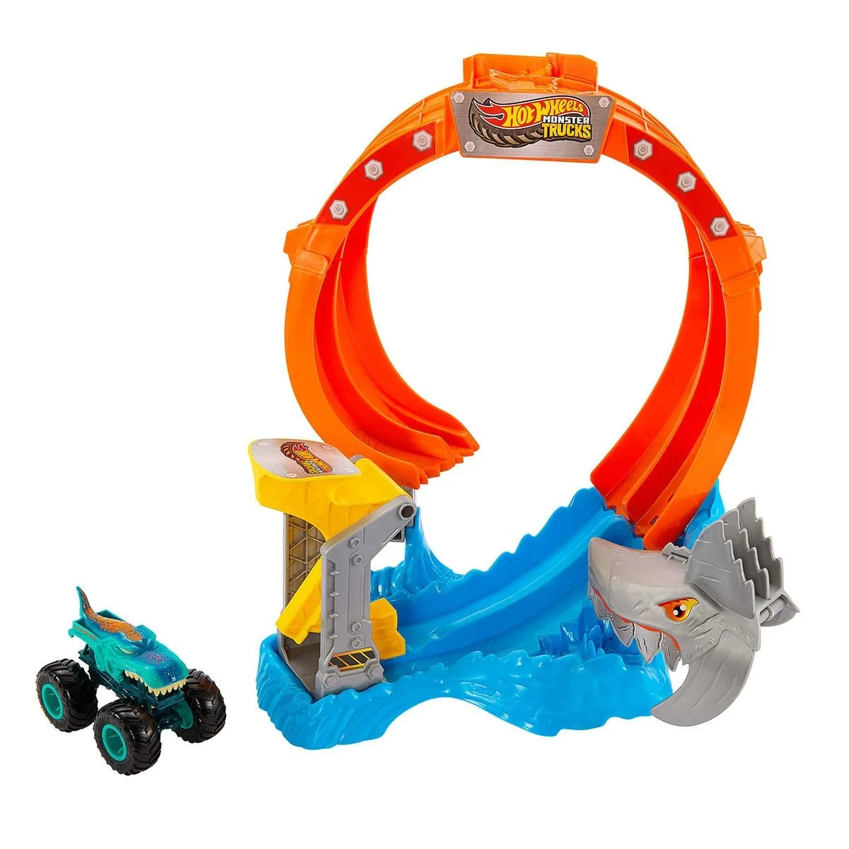 Hot Wheels Monster Trucks Dönen Corkscrew Shark Çarpışması