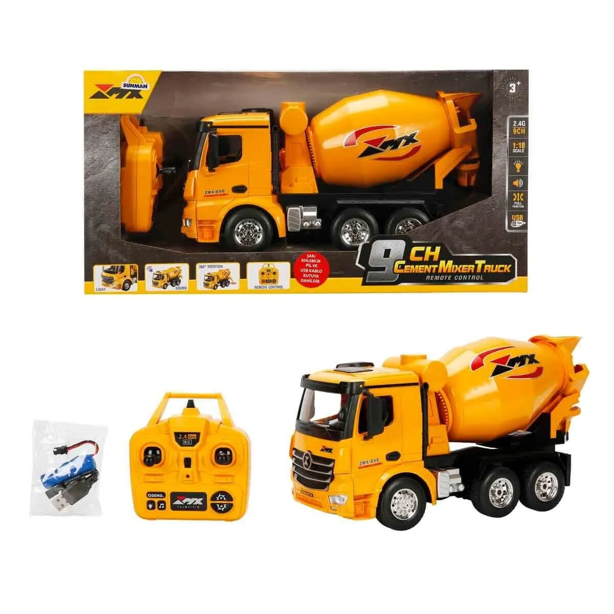 Sun-Rst-Rc İş Makinesi 1 18 Beton Mikseri Ff 9CH 3 7V Usb 2 4 Ghz Sesli Işı