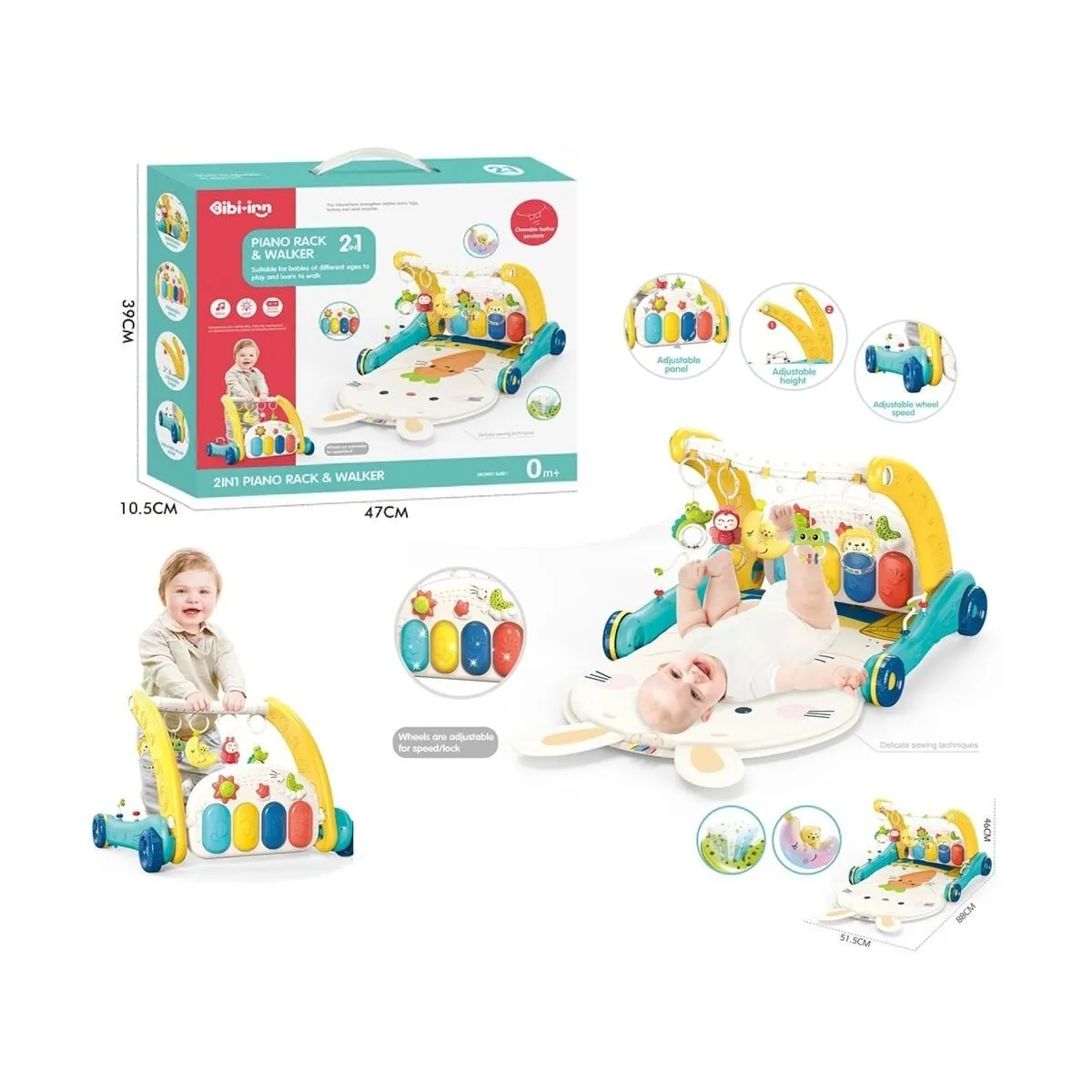 Vardem Piyanolu 2 in 1 Bebek Yürüteci ve Tavşan Desenli Mavi Oyun Halısı