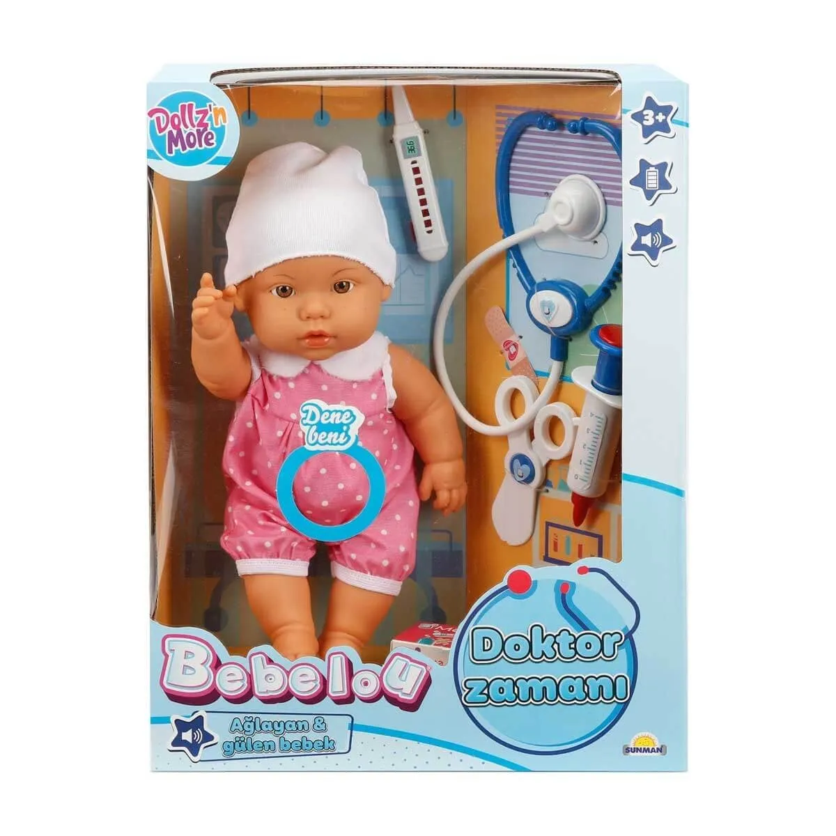 Bebelou Doktor Zamanı Sesli Bebek Seti 35 cm -Sunman(Ürün oyuncaktır)